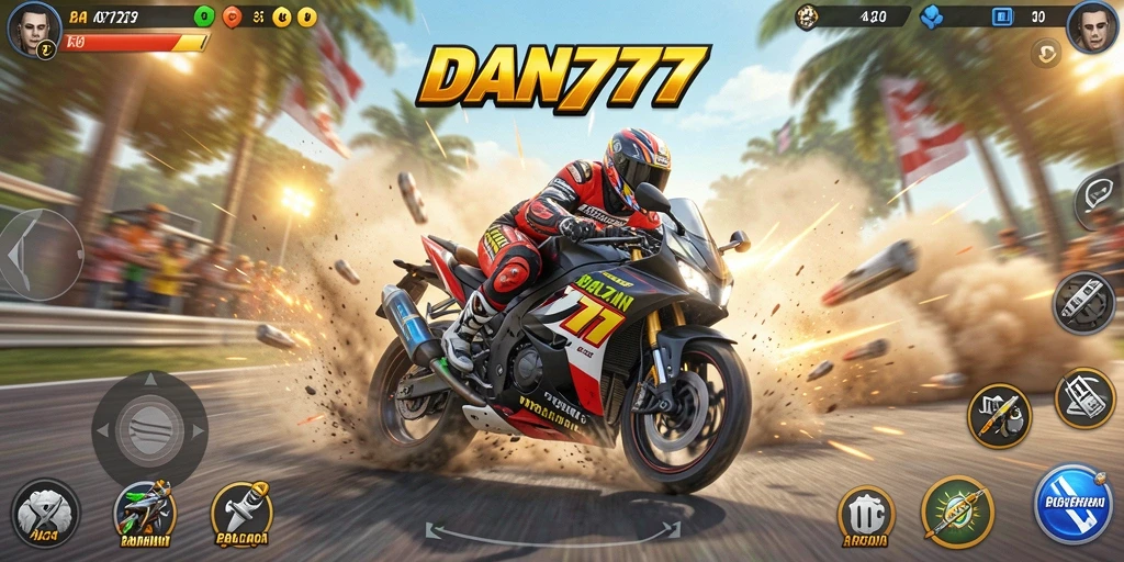 Screenshot menunjukkan balapan motor yang intens dan mendebarkan.