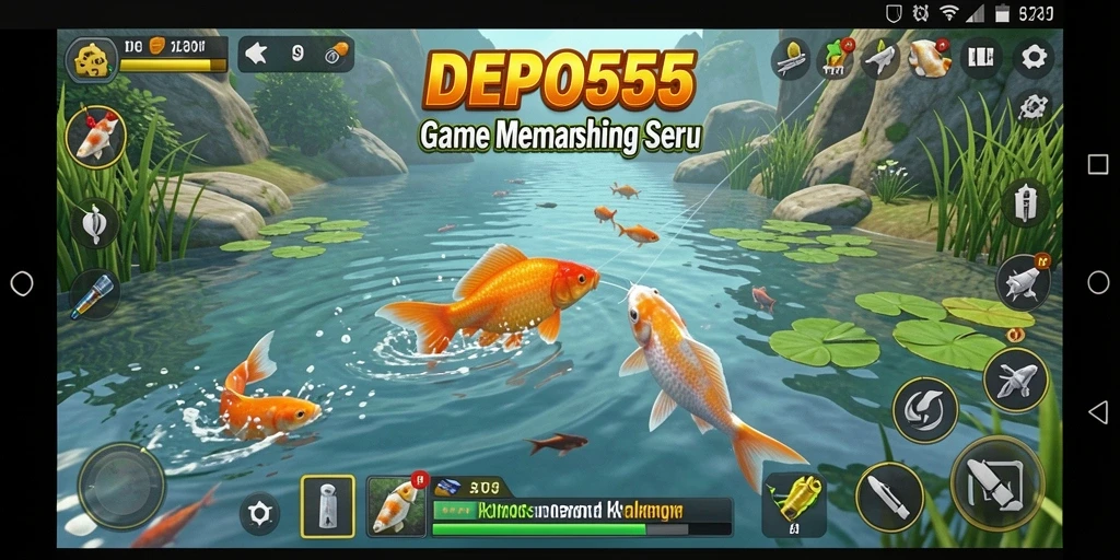 Screenshot DEPO555 menunjukkan pemain sedang memancing di lokasi indah.