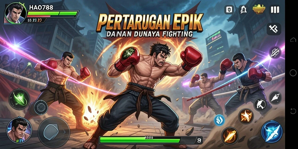 Screenshot HAO788 menampilkan aksi pertarungan yang intens dan karakter yang beragam.