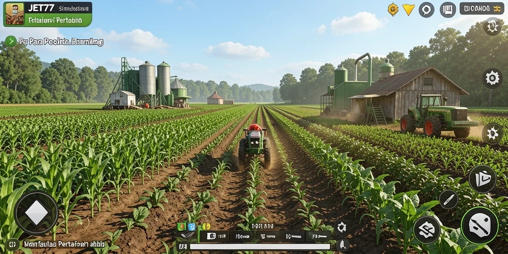 Tangkapan layar dari gameplay <strong>JET77</strong> yang menampilkan ladang dan hewan ternak.