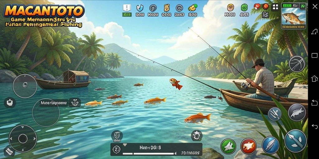 Screenshot utama MACANTOTO menampilkan gameplay memancing yang menawan.