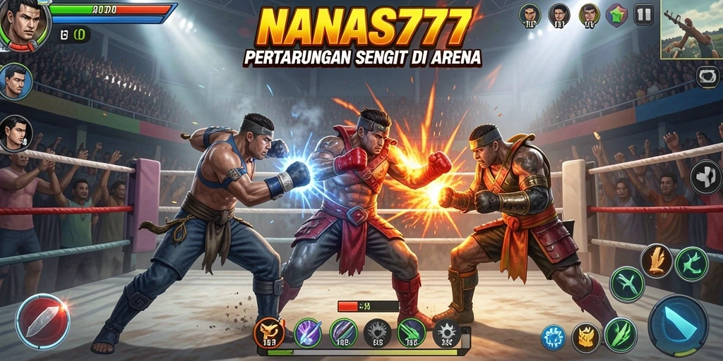 Screenshot NANAS777 menunjukkan pertarungan epik karakter yang berbeda.